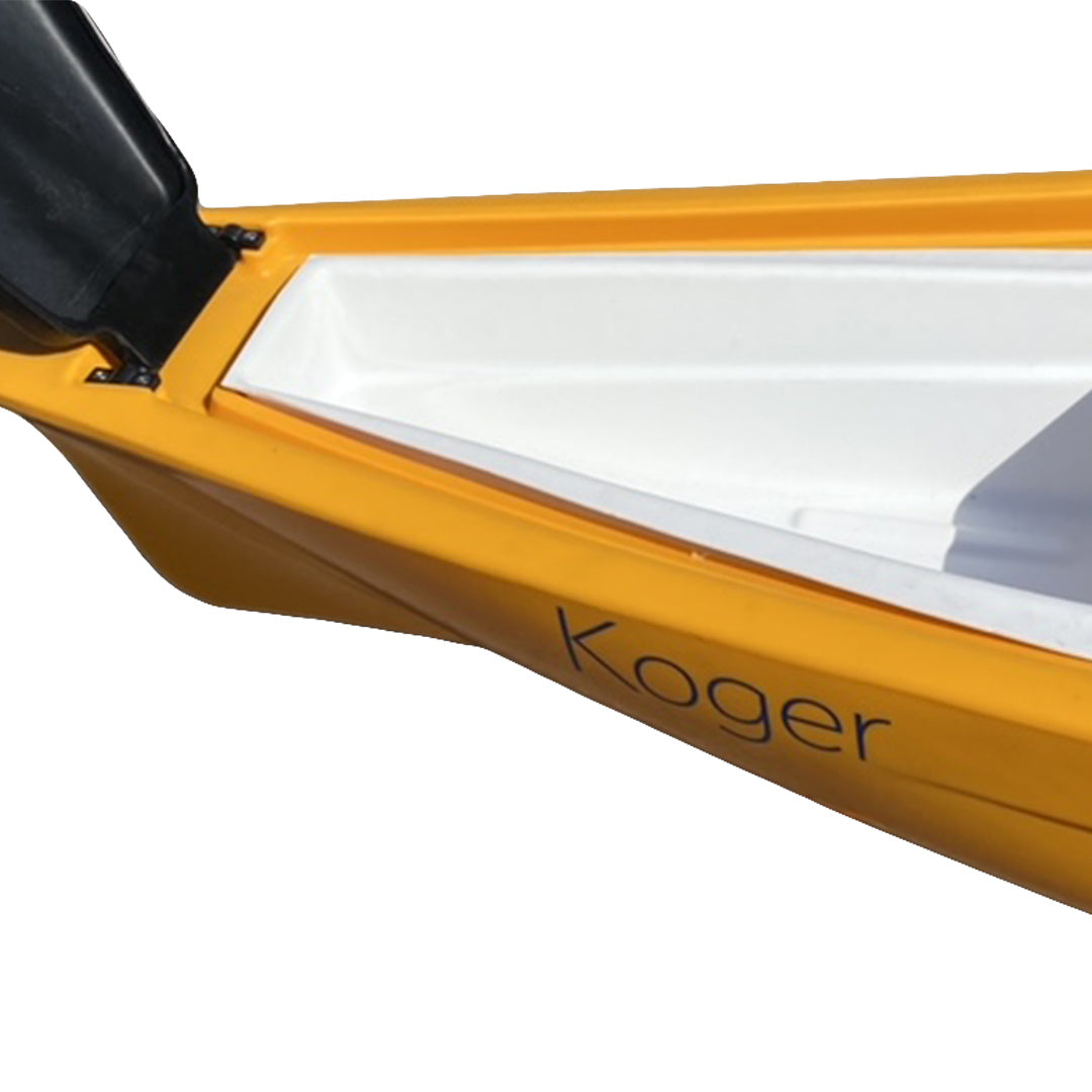 Koger 14 Foot Peddle Fishing Kayak with Live Well, 360 Degree Seat, and Accessories. Stern wet storage compartment open
