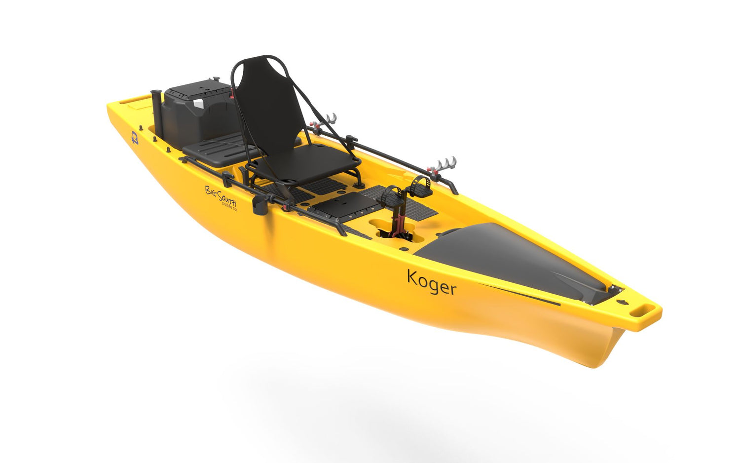 Koger 14 Foot Peddle Fishing Kayak with Live Well, 360 Degree Seat, and Accessories. Bow right view
