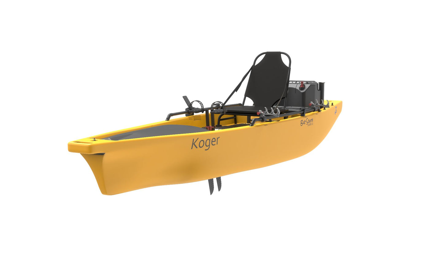 Koger 14 Foot Peddle Fishing Kayak with Live Well, 360 Degree Seat, and Accessories. Front bow view