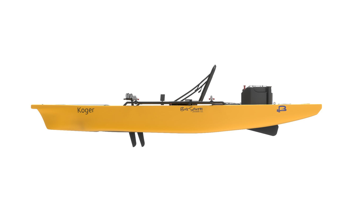 Koger 14 Foot Peddle Fishing Kayak with Live Well, 360 Degree Seat, and Accessories.  Side View